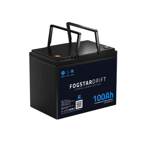 The Fogstar Drift 12V 100Ah Lithium Leisure Battery, pictured from front, left 3/4s