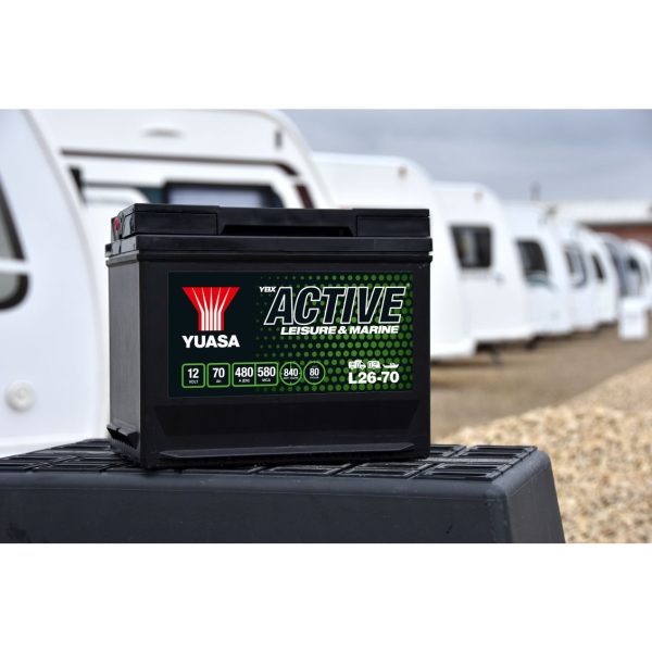 Yuasa L26-70 leisure battery in caravan setting front view