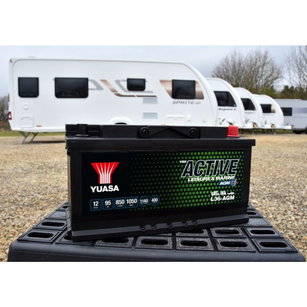 Yuasa L36-AGM AGM leisure battery in caravan setting front view